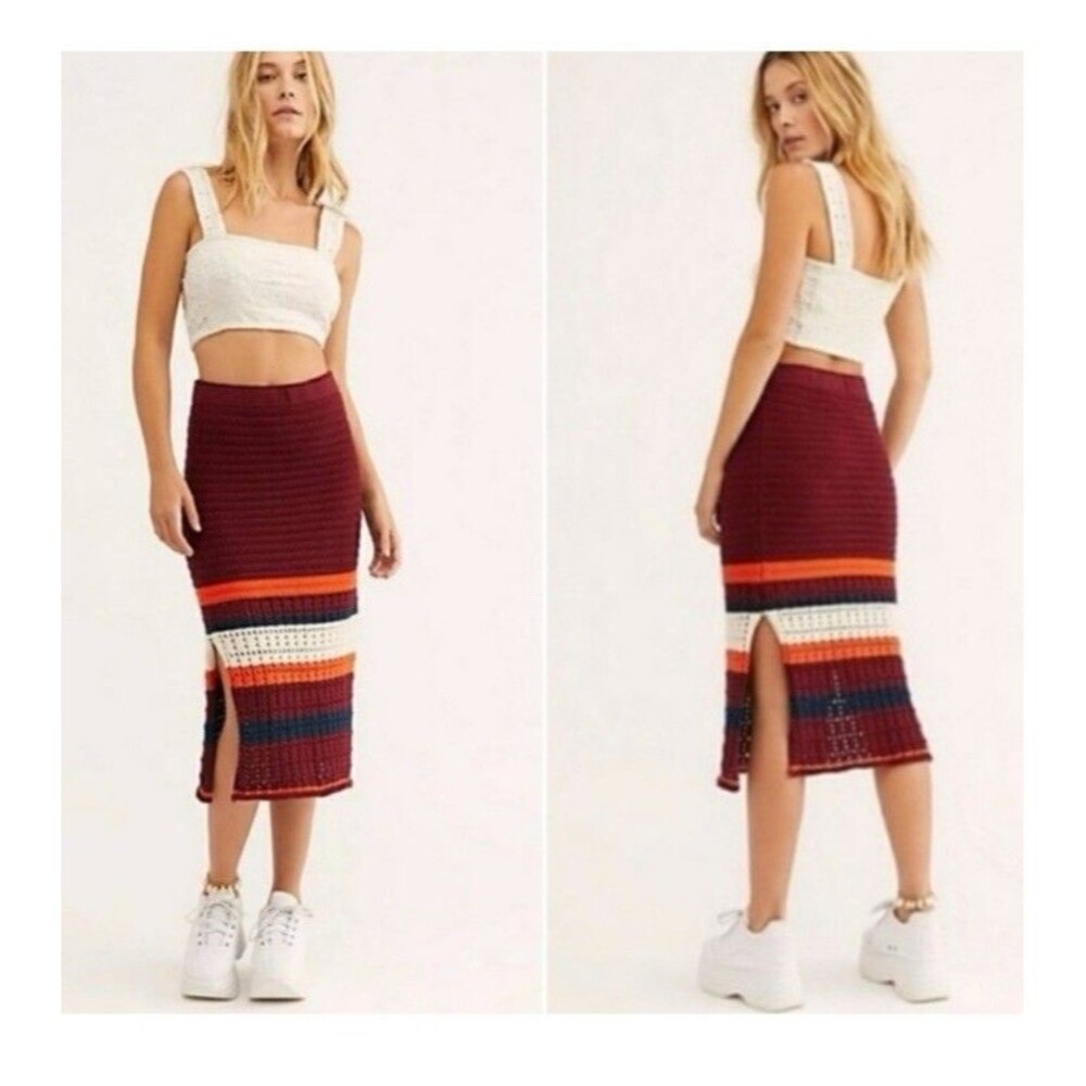 Free People Far From Here Crochet Midi Skirt Maroon Size XS Boho Cotton